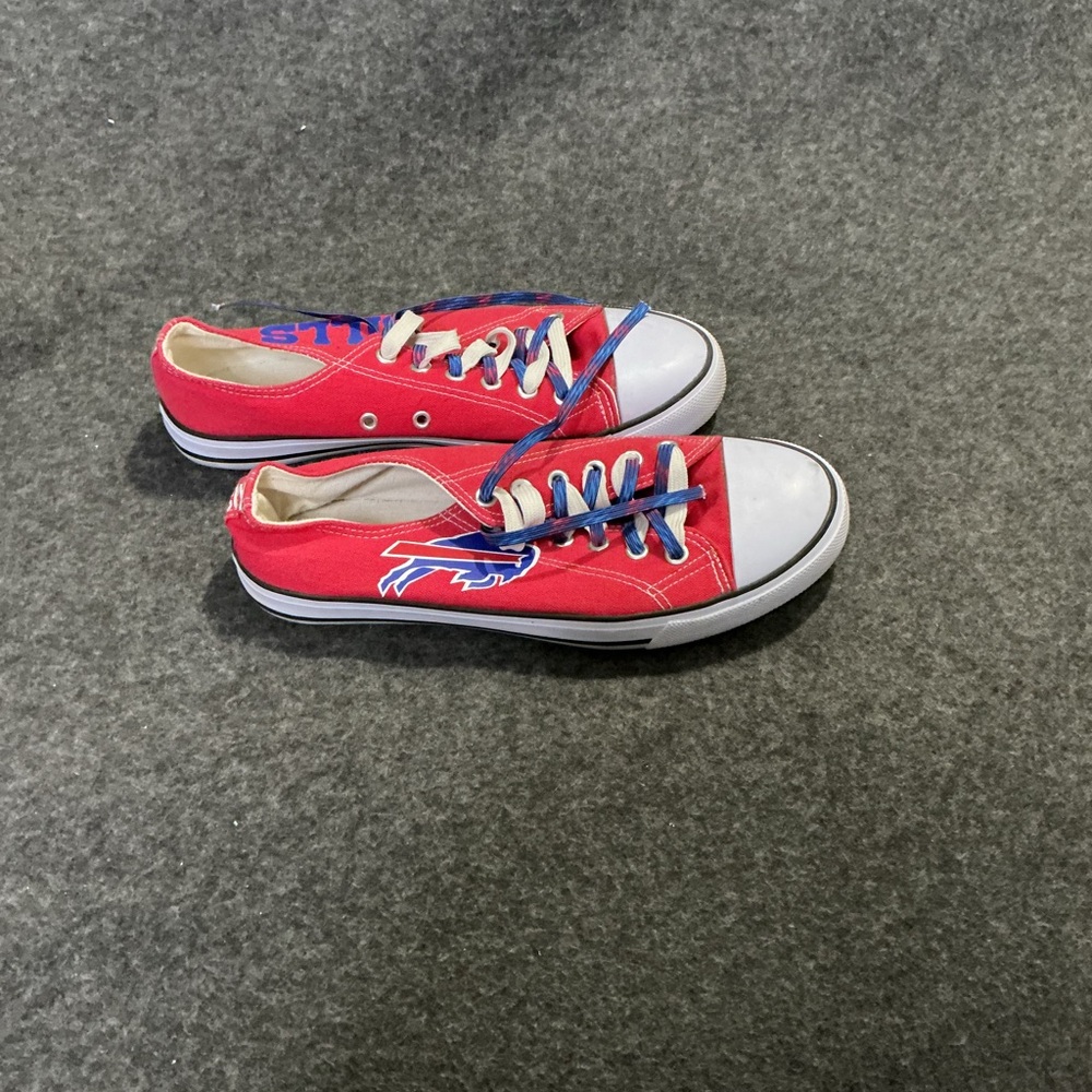 Buffalo Bills sneakers, featuring a team logo and customized striped laces